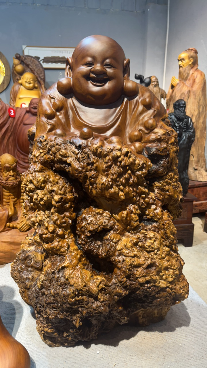 胡杨木实木手工雕刻弥勒佛工艺品根雕摆件
