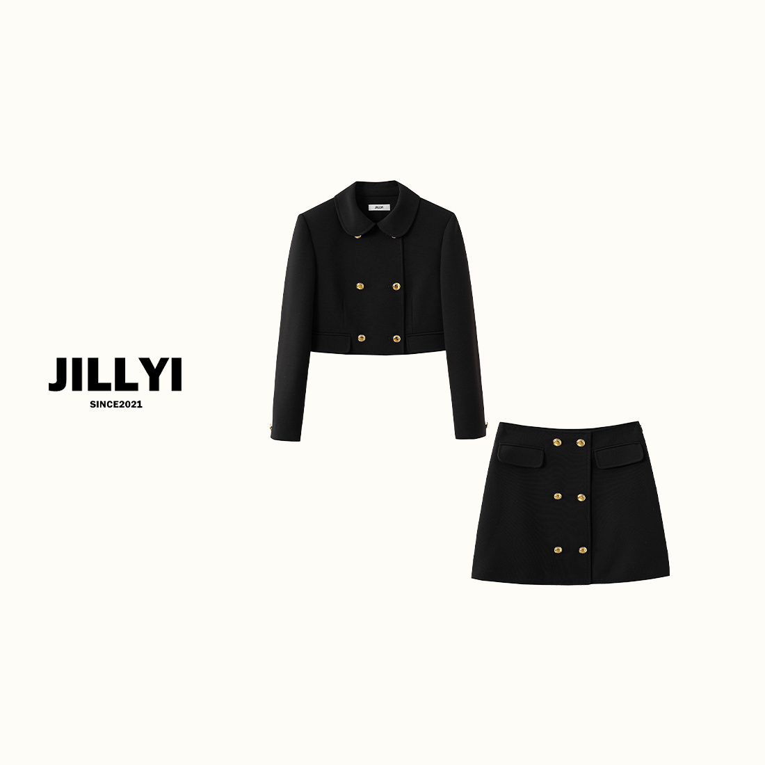 JILLYI【初冬夜空】黑色POLO领金色双排扣短外套+黑色简约半身裙