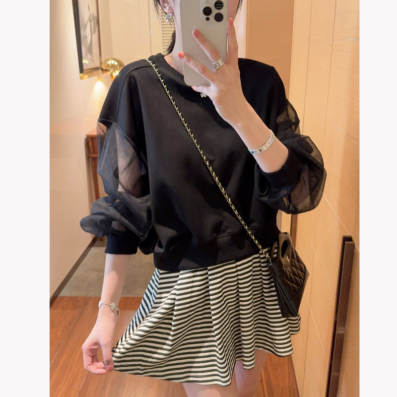 【张静芝】网纱袖黑色宽松卫衣