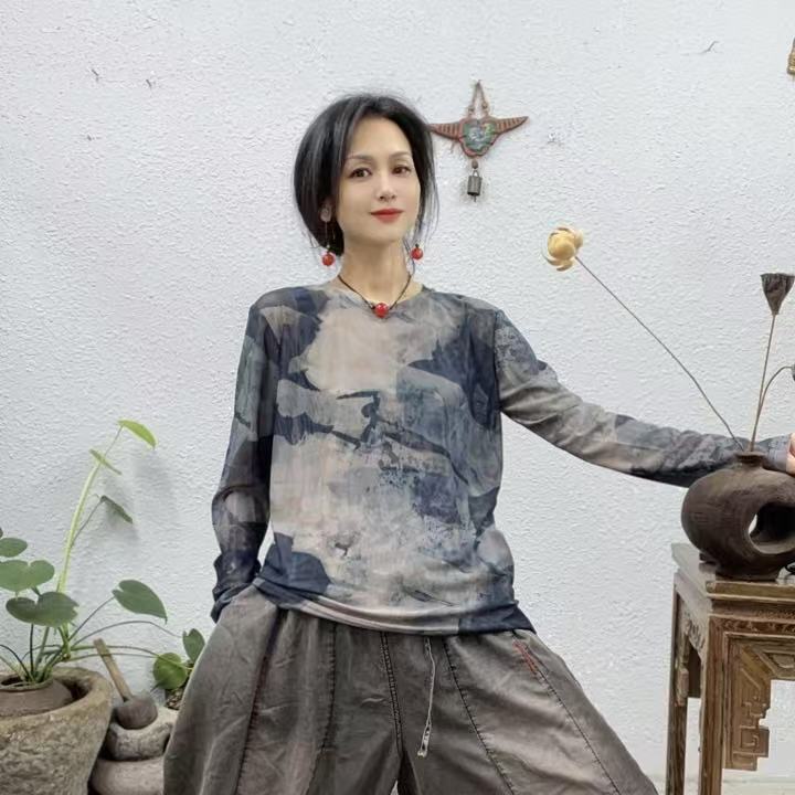 001卡其蓝色花色网料圆领长袖防晒衣上衣（长63胸围106-150