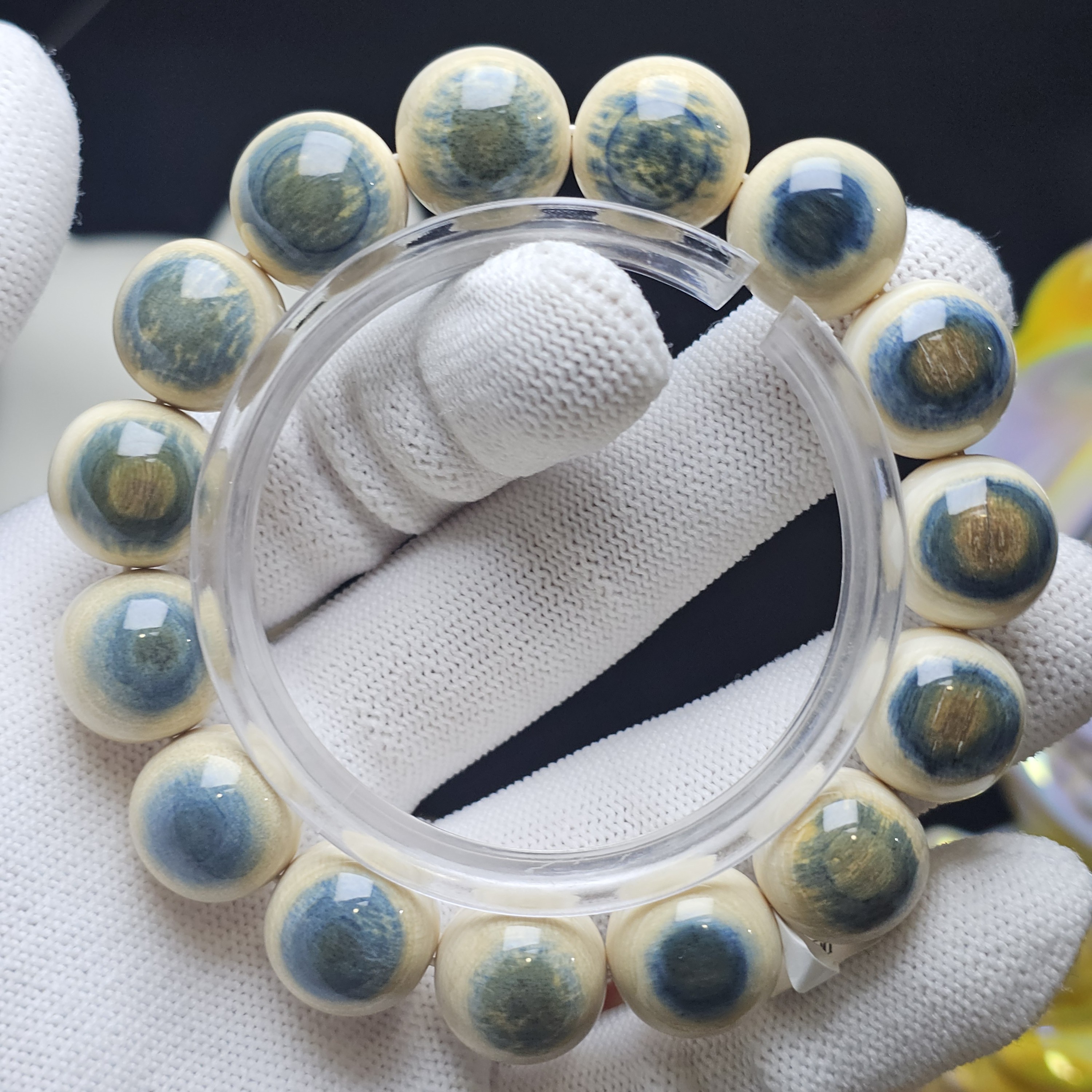 天然猛犸牙1.5玻璃底果冻料蓝眼睛手串