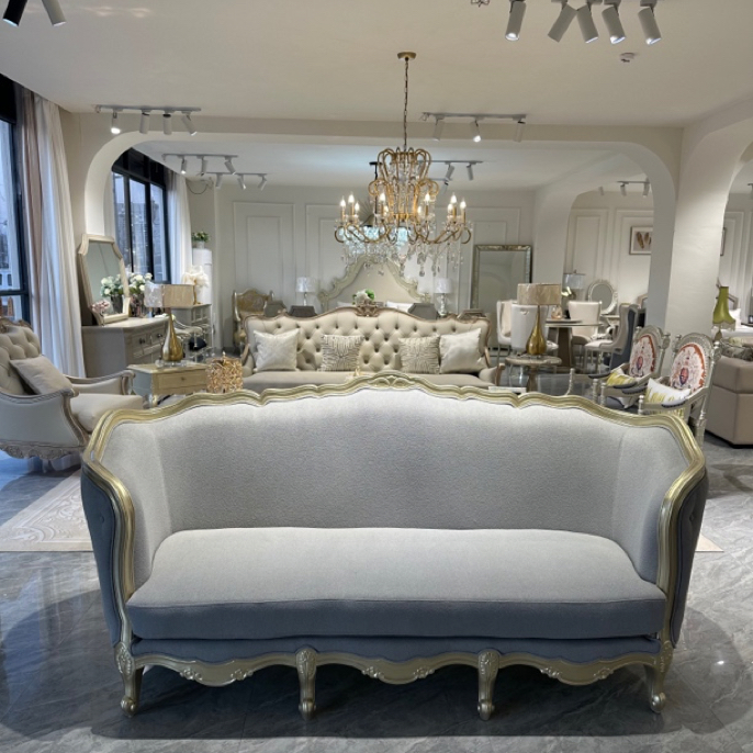 轻法式三人位沙发法式实木雕花绒布实木雕花单人沙发