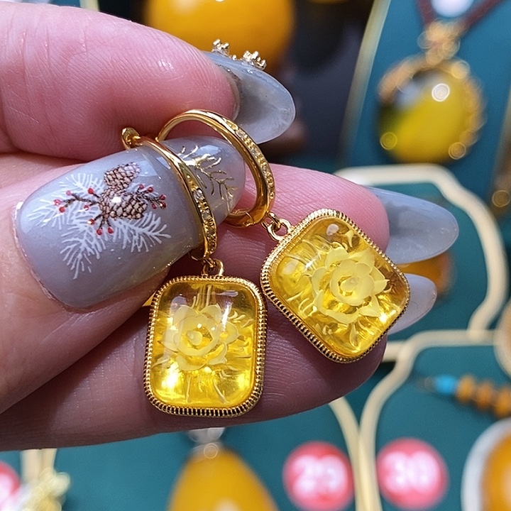 金珀耳饰银S925镀金镶嵌