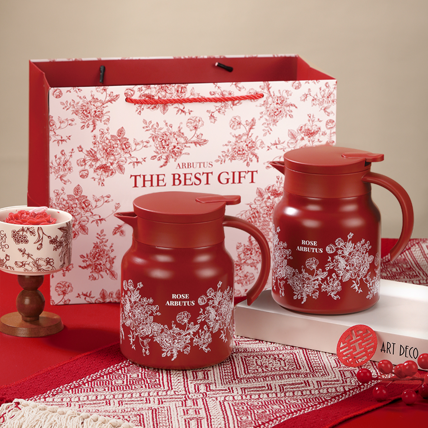 绚丽玫瑰保温壶红色暖壶2025新款女方陪嫁结婚礼物用品一对热水壶