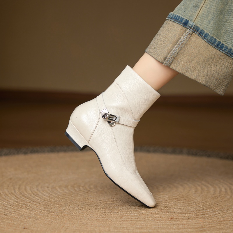 牛皮/跟高3.5cm/2025新款秋冬季真皮中跟短靴女软面单靴百搭皮靴