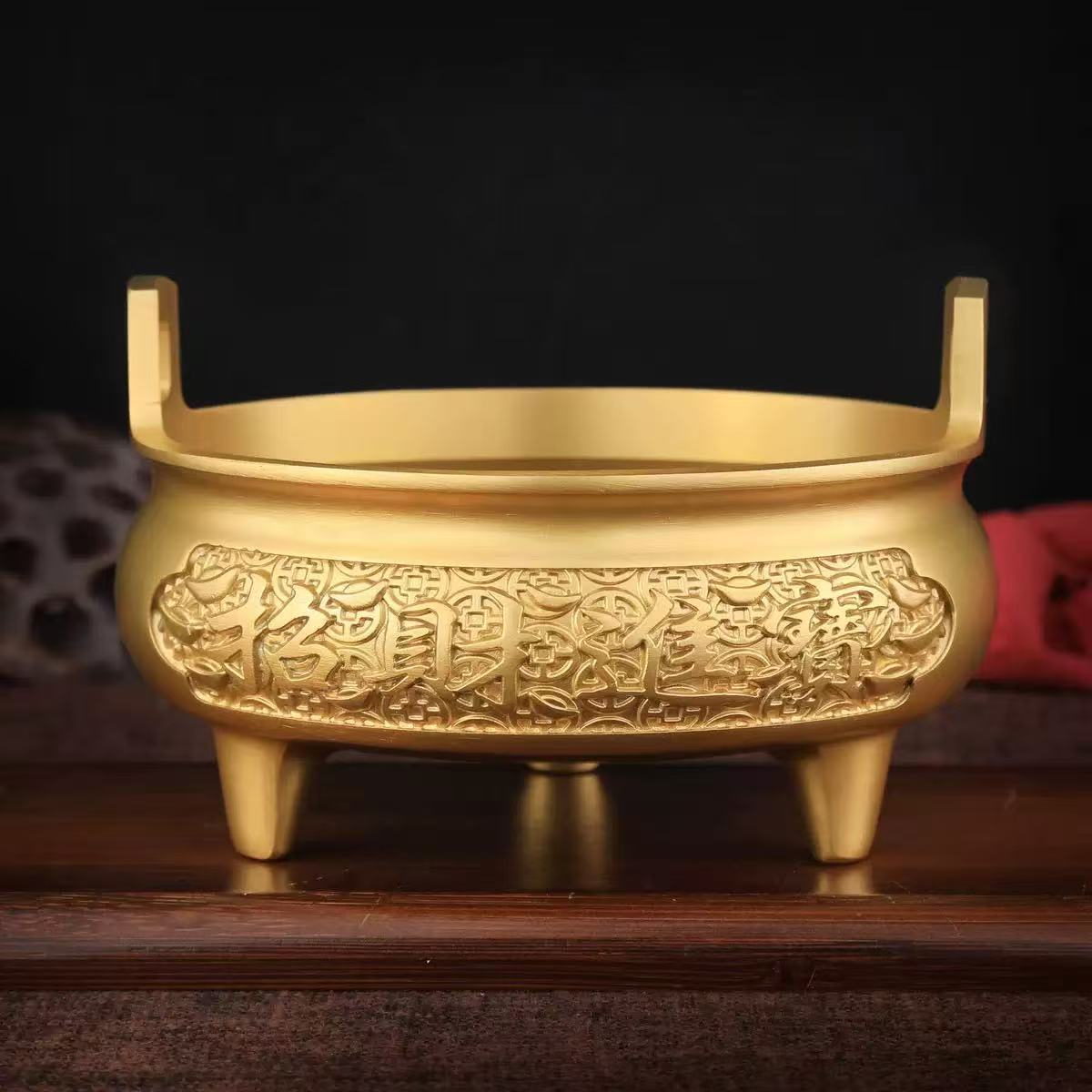 黄铜香炉家用供佛线香炉室内香炉招米香炉金色复古摆件插香聚宝盆
