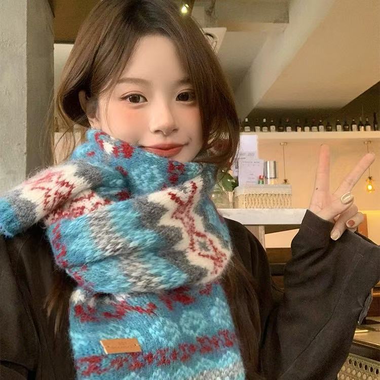 费尔岛风复古蓝色针织围巾女冬季韩系氛围感加厚保暖围脖