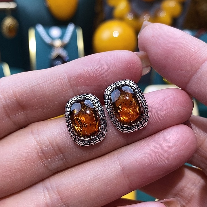 琥珀（花珀）耳饰银S925镶嵌