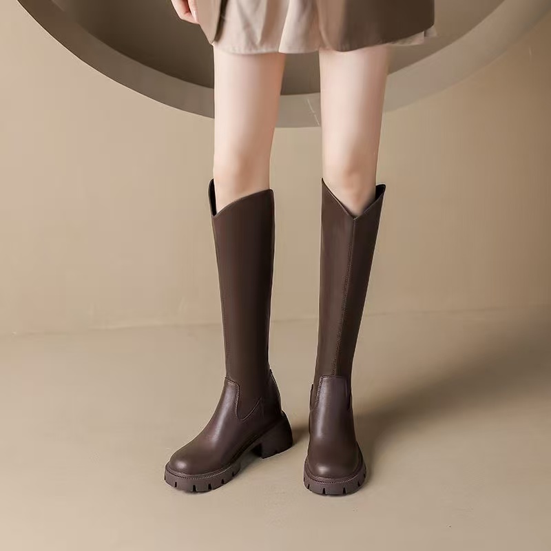 肥仔女鞋 806-3 棕色秋冬新款时尚百搭气质骑士长靴长筒女靴