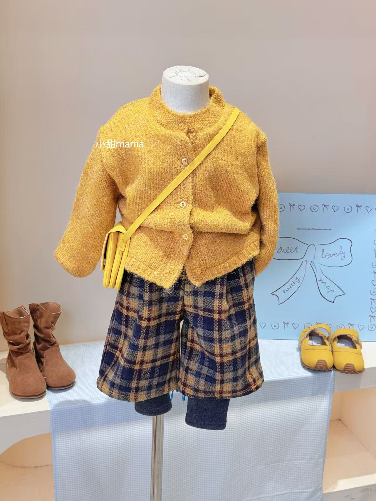 现货女童冬装加厚毛衣开衫格子假两件一体绒裤子潮两件套女宝套装