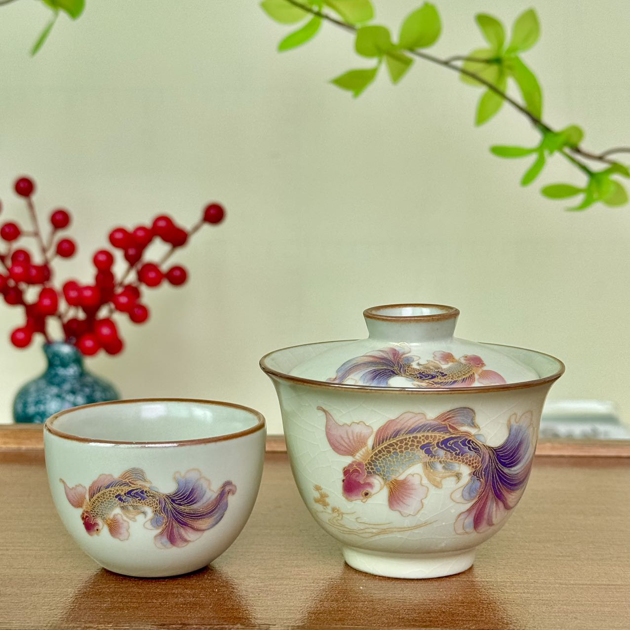 七彩鱼二才盖碗加圆底杯开片