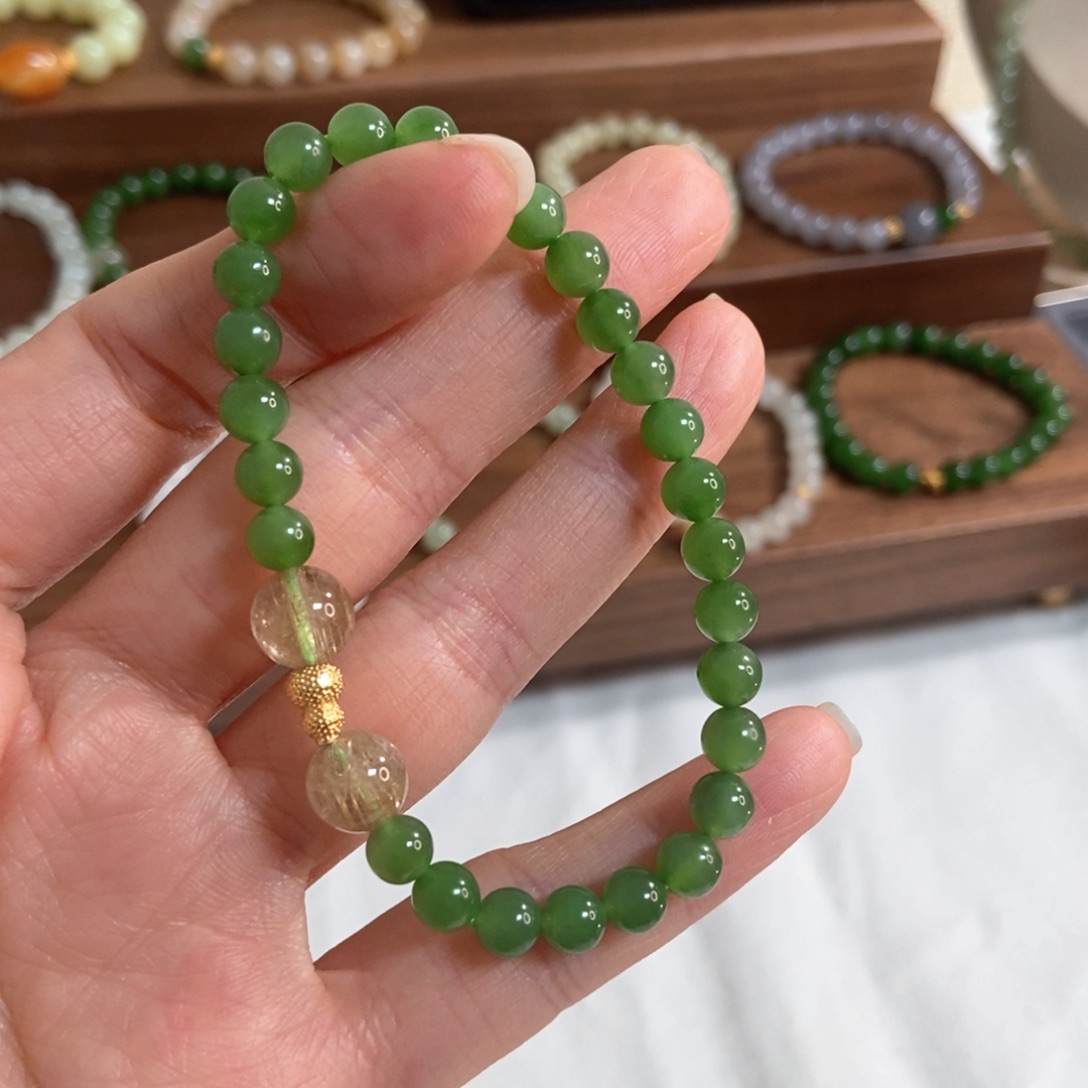 和田玉手链银S925镶嵌6mm冰果绿碧