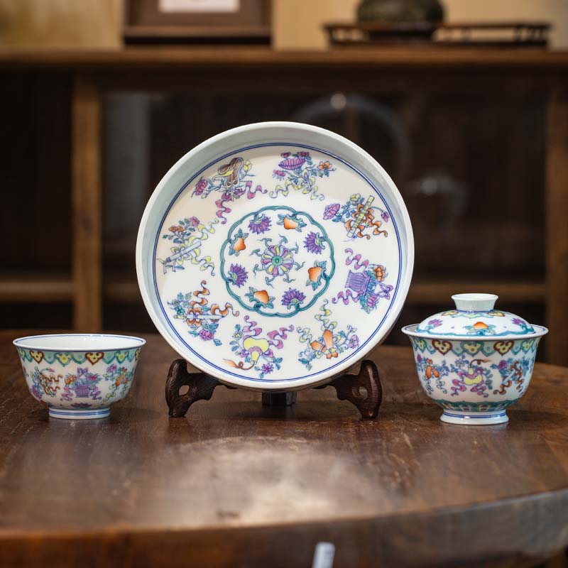 斗彩八宝套组，景德镇陶瓷高端送礼茶器功夫茶杯组合