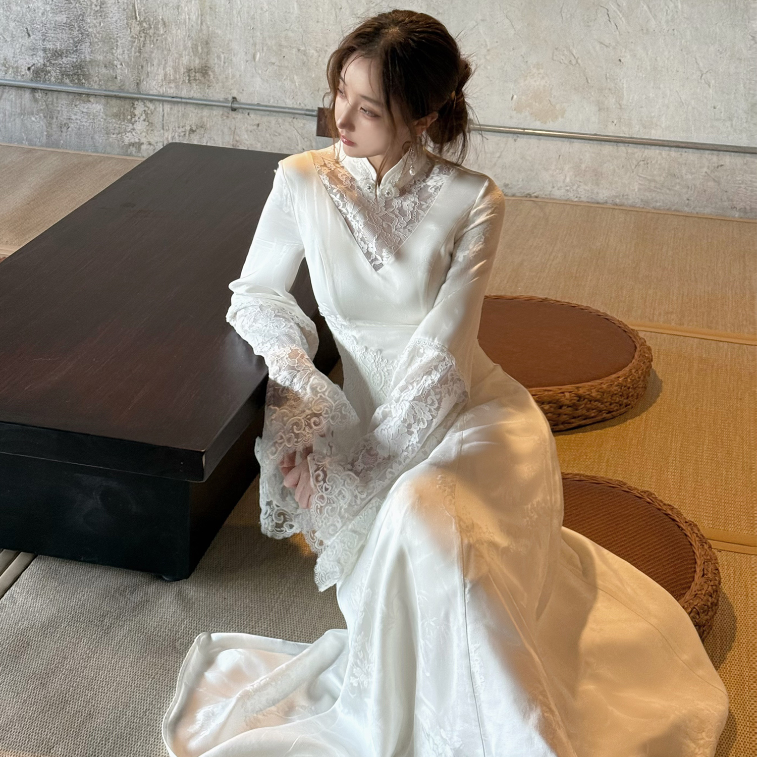 祝祈【雪霁】中式素雅蕾丝面料旗袍连衣裙