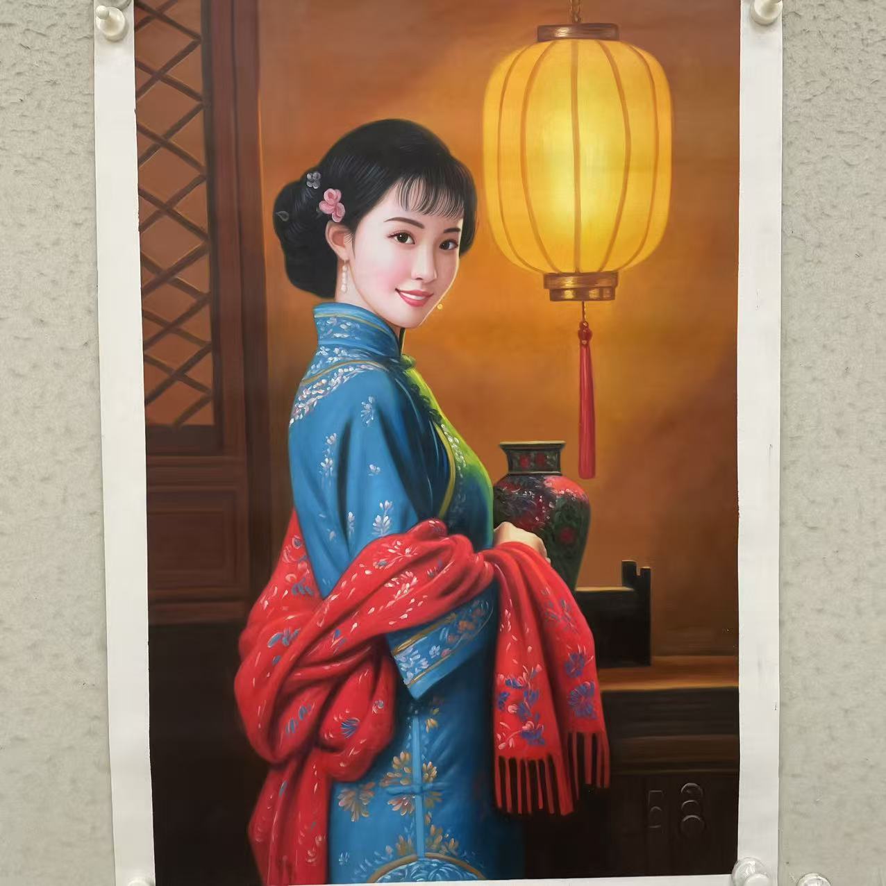 林彦新***中国新娘-灯笼-约60*90厘米-手绘油画-麻布