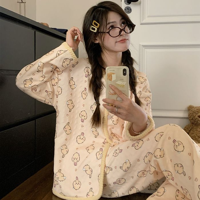 乌萨奇夹层睡衣女秋冬季开衫长袖加肥大码220斤胖M家居服