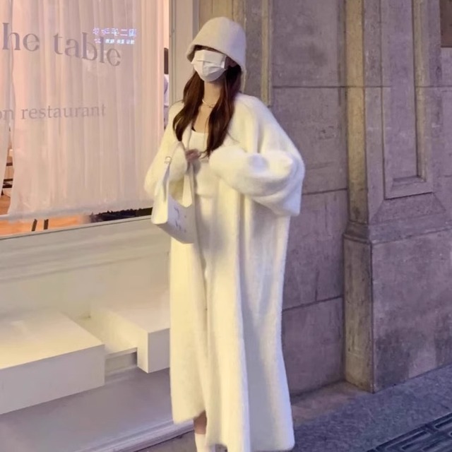 白色水貂绒开衫毛衣中长款宽松慵懒风外套女秋冬软糯外搭针织大衣