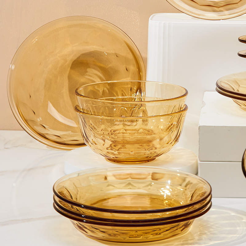 【超值八件套】耐高温玻璃碗盘饭碗琥珀色面碗菜盘碗盘餐具套装