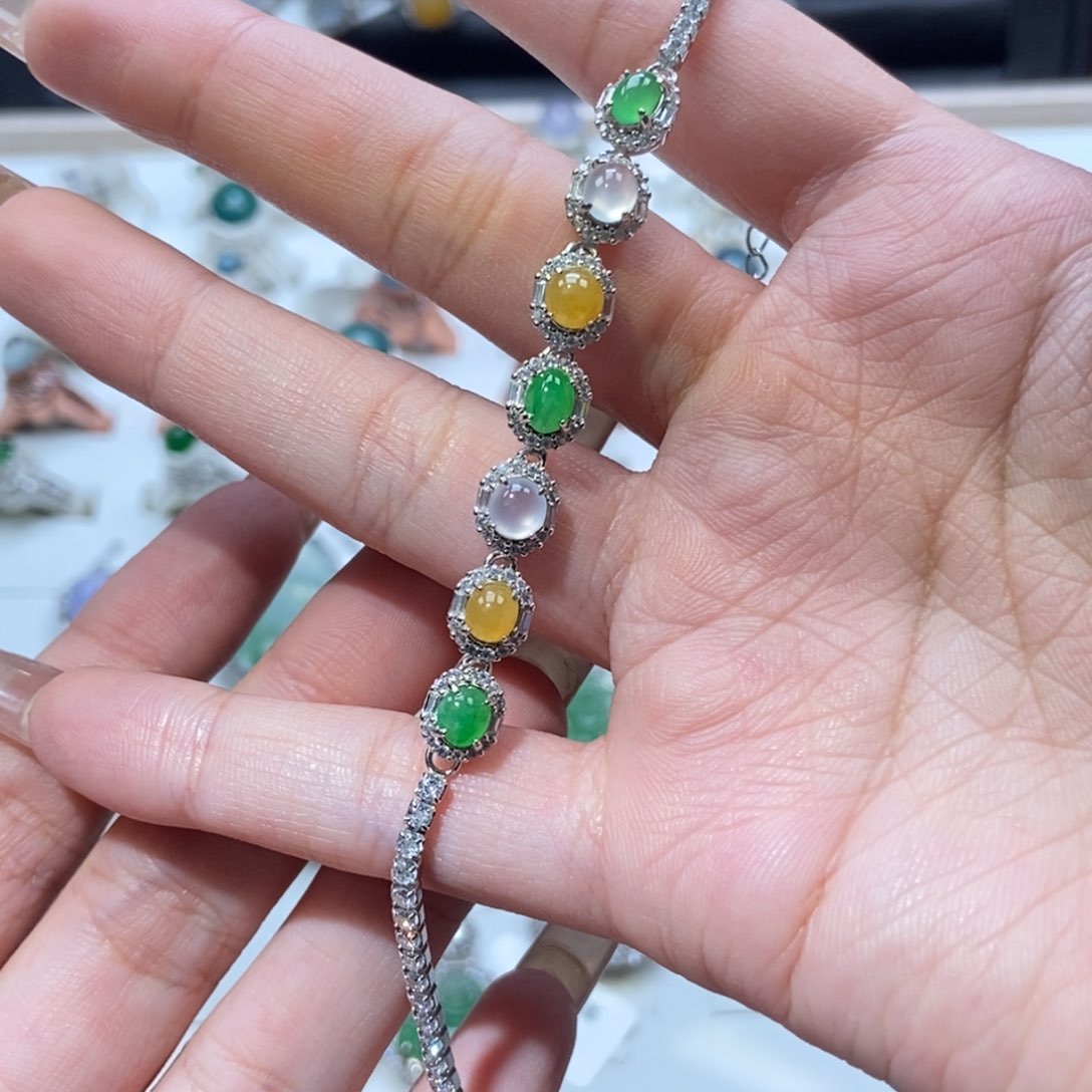 银S925镶嵌手链翡翠纯天然缅甸翡翠a货多宝手链