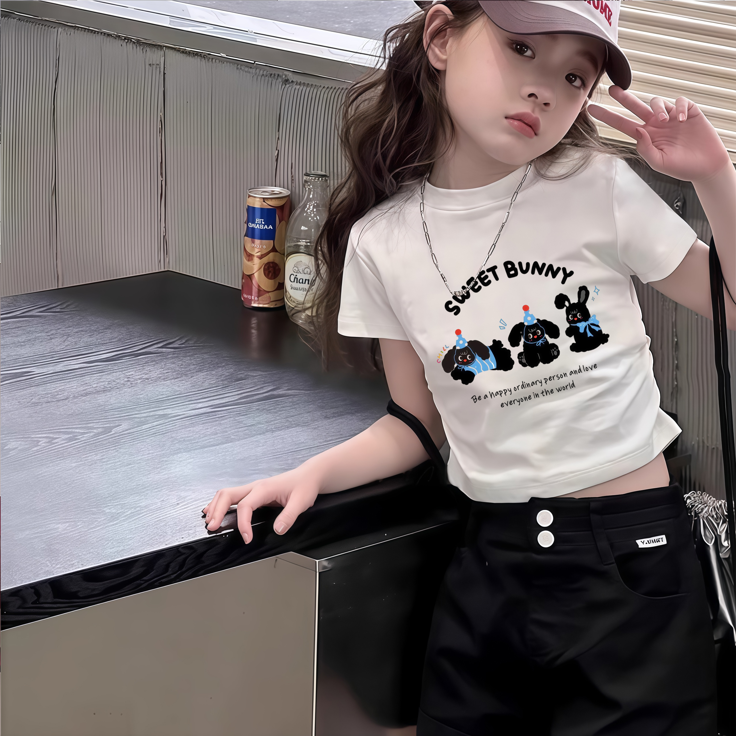 女童洋气圆领正肩短袖T恤修身显瘦时尚设计感抽褶不规则上衣