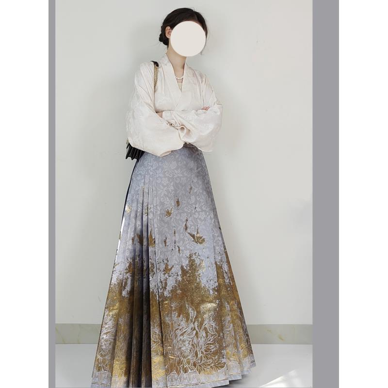 【清仓】明制汉服春夏飞机袖织金锦缎日常通勤马面裙套装2024新款