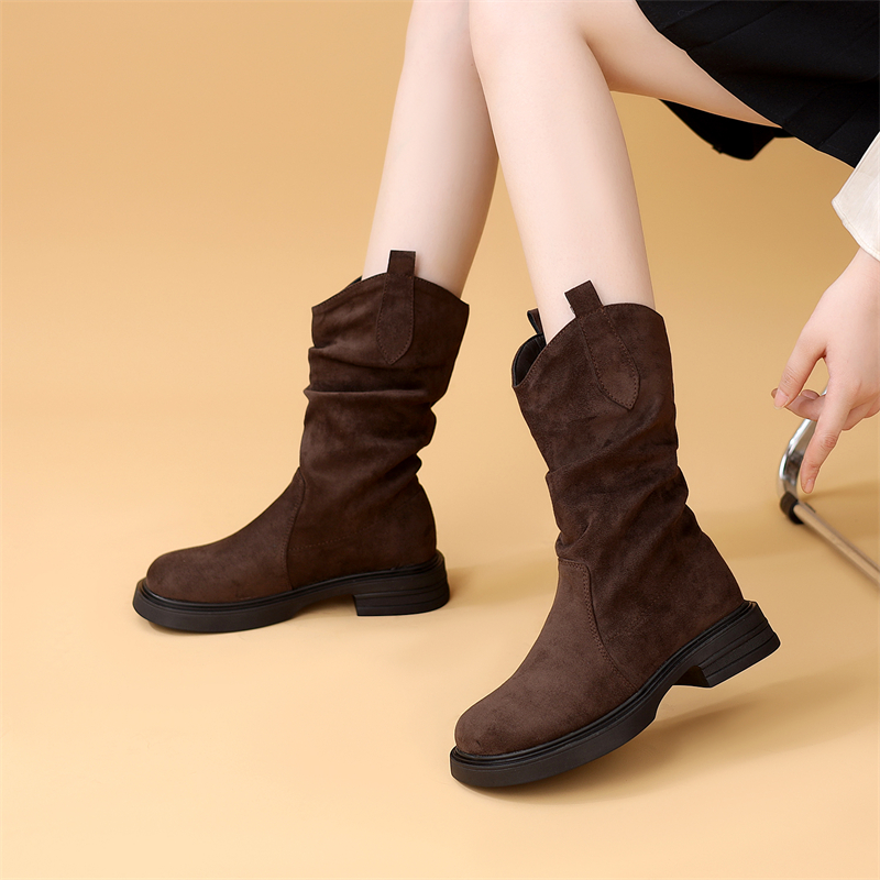 复古百搭绒面中筒靴女2025秋冬新款西部靴平底软底马丁靴41大码42