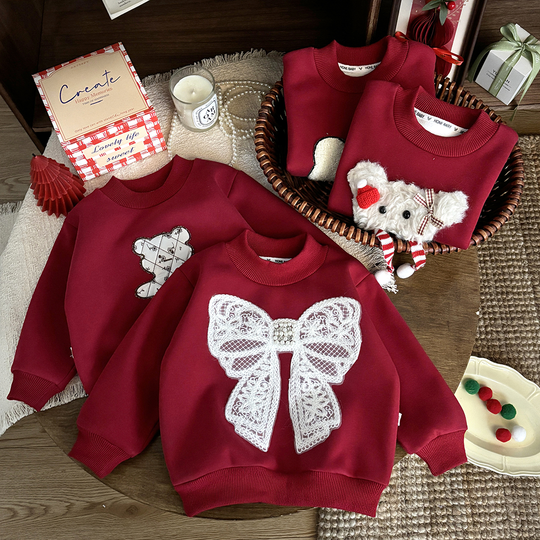 儿童新款时尚洋气喜庆加绒加厚卫衣大红色中国风拜年服保暖冬季