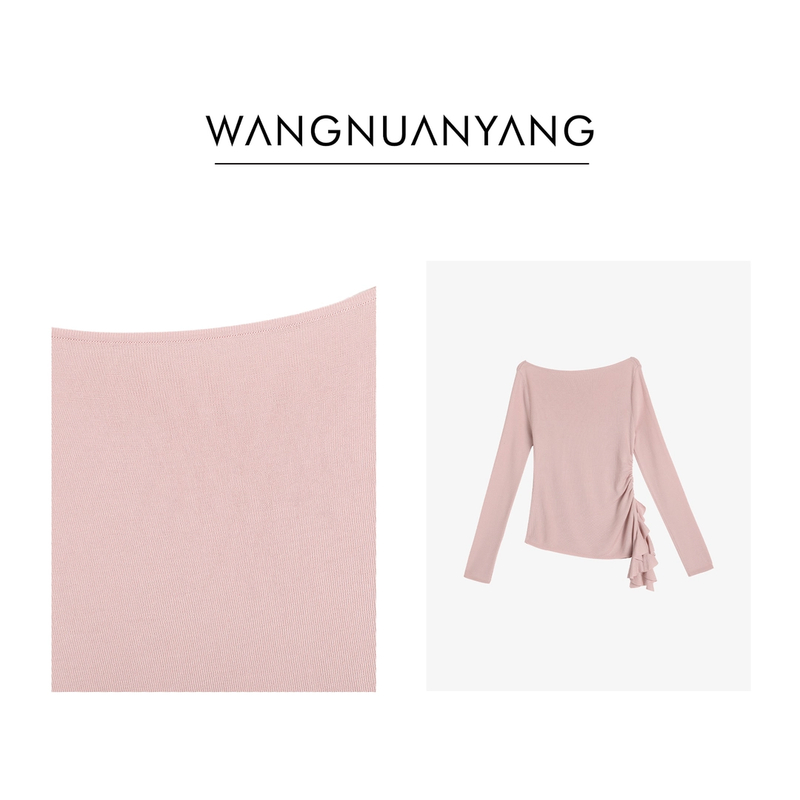 【现货】改良版一字领侧边荷叶边抽皱开叉长袖针织衫