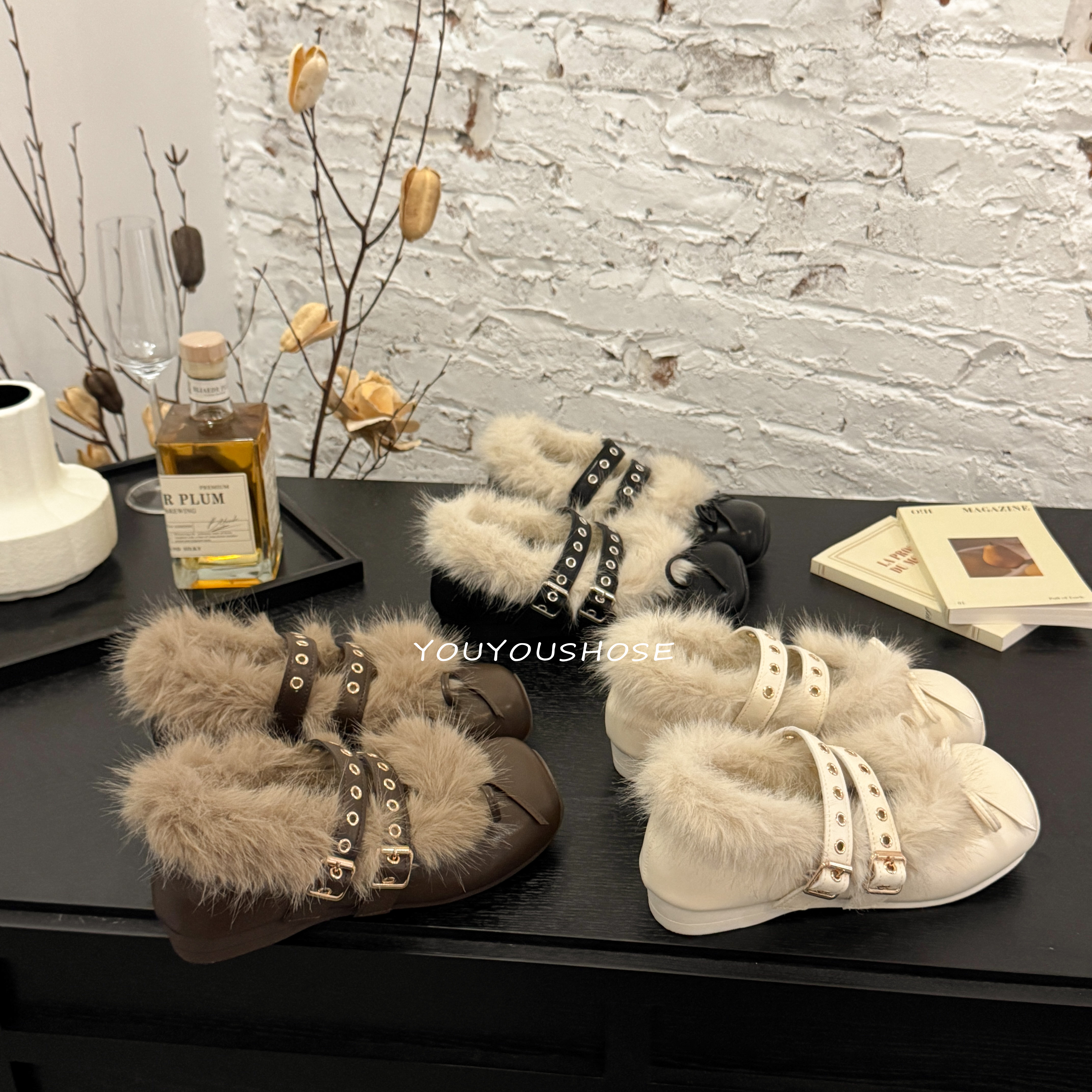 法式小香风玛丽珍鞋女2025冬季新款加绒保暖舒适懒人一脚蹬毛毛鞋