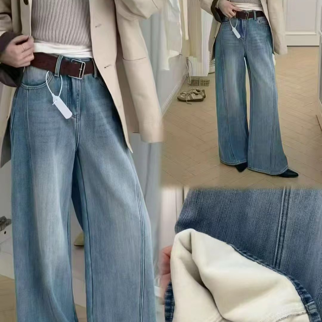 冬季新款韩系高腰加绒弯刀牛仔裤显瘦百搭宽松阔腿裤