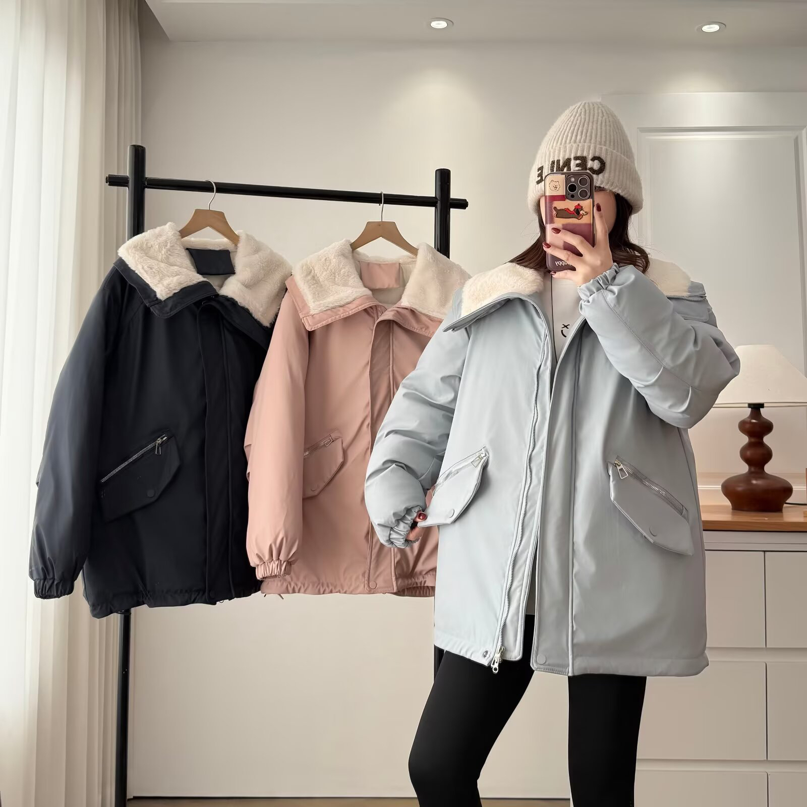 大码女装加绒毛绒大翻领冬季新款保暖中长款休闲加厚棉服外套女