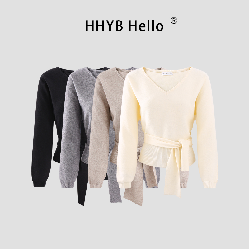HHYB Hello气质V领毛针织衫时尚百搭显瘦系带长袖上衣女M1602