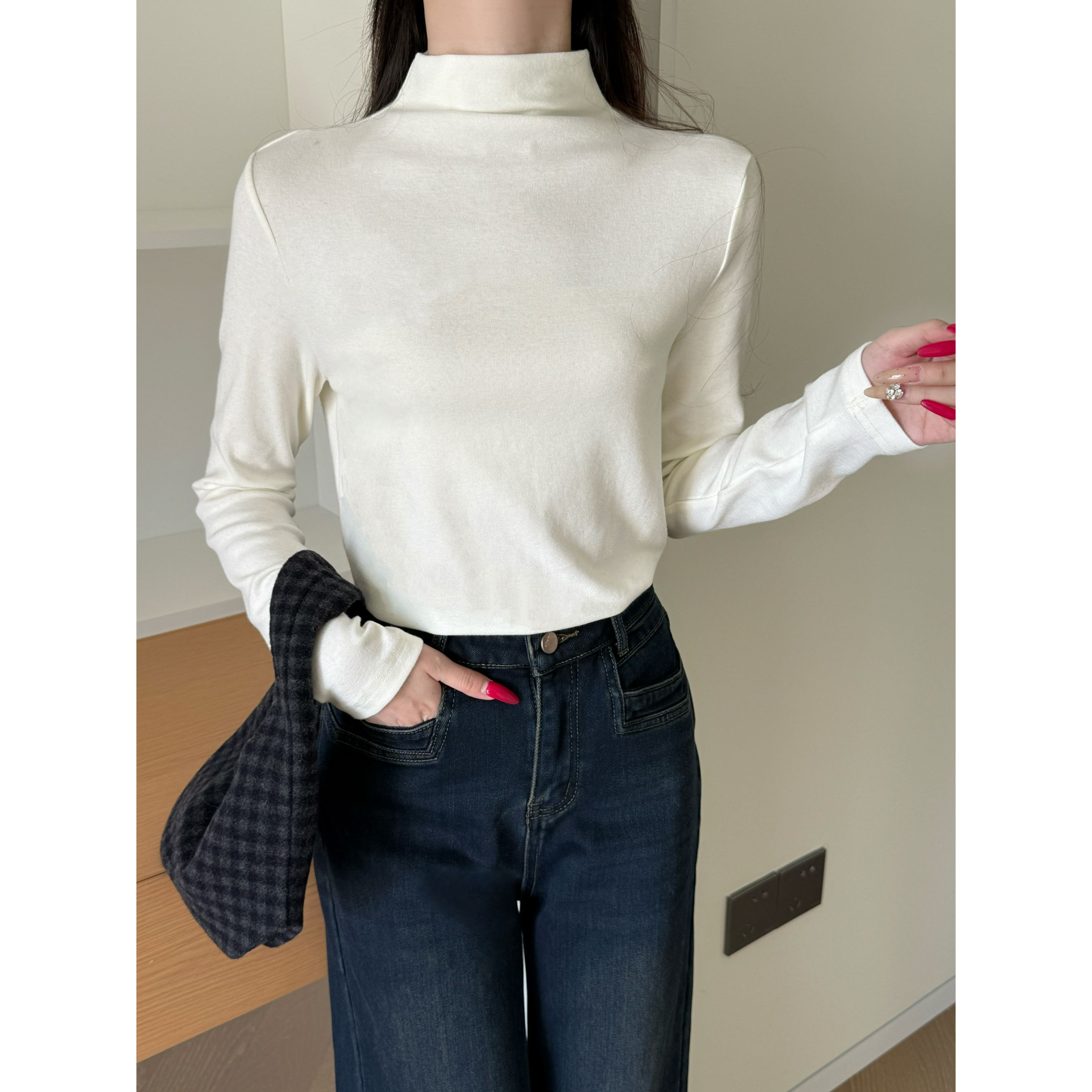 韩系半高领长袖打底衫修身显瘦T恤上衣2025冬新款