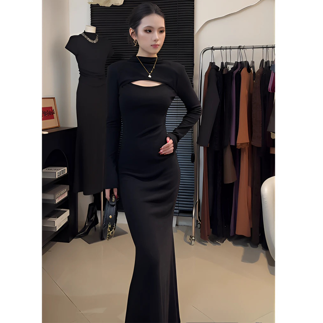 纯欲风镂空后背蕾丝长袖连衣裙女2025冬季新款收腰显瘦包臂鱼尾裙