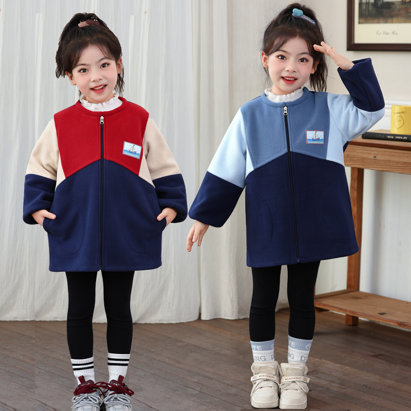 儿童摇粒绒罩衣秋冬校服神器男女童宝宝加绒拼色罩衫吃饭画画护衣