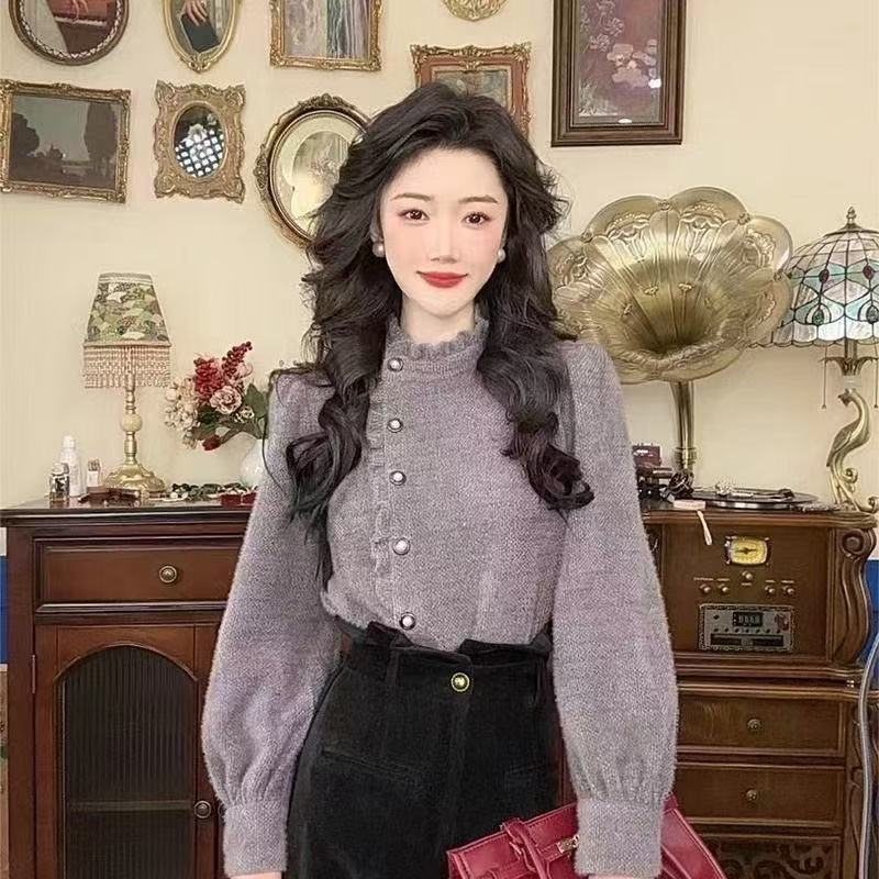 冬季穿搭斜襟精致木耳边衬衫女秋冬加厚内搭长袖衬衣复古港风上衣