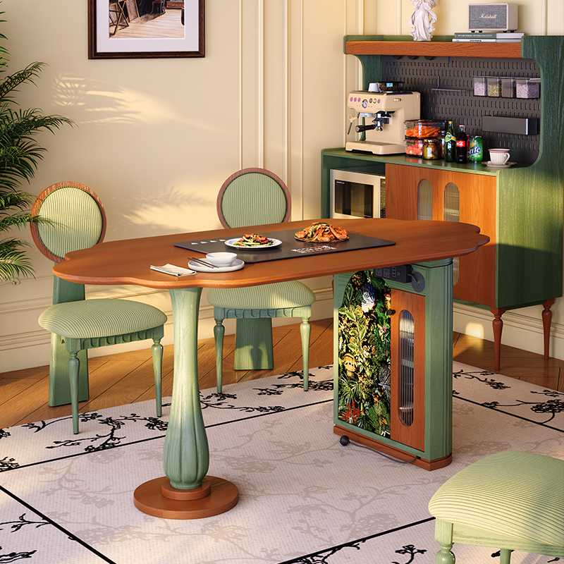 法式中古风餐桌家用小户型法式复古风实木餐桌绿色白蜡木餐桌