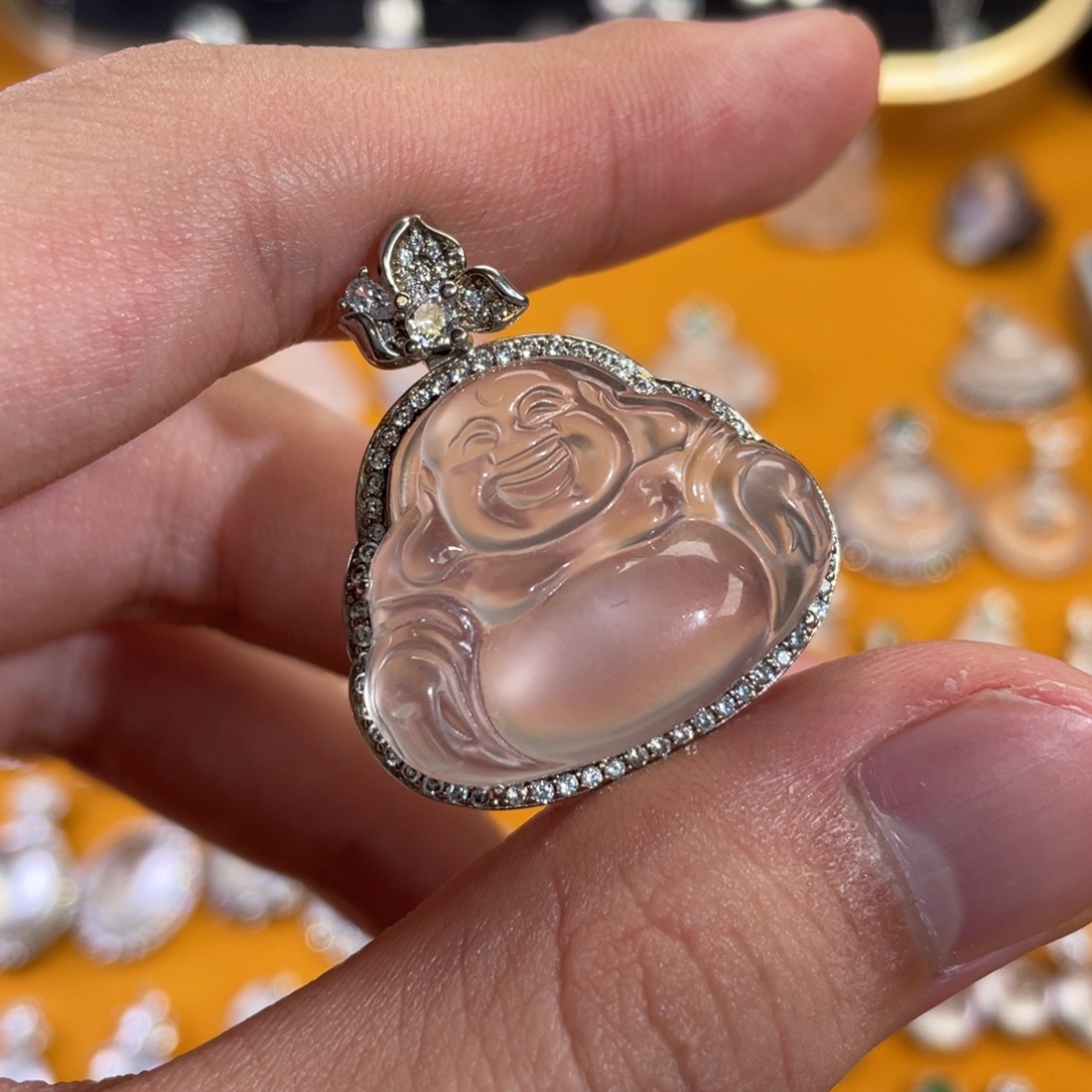 石英质玉银S925镶嵌颈饰佛公吊坠