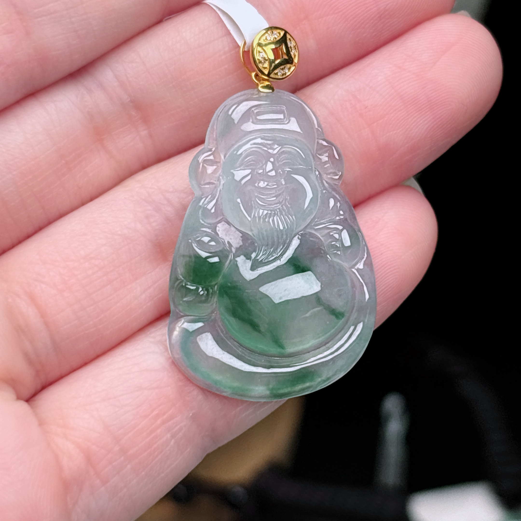 缅甸天然A货翡翠18k金镶嵌财神爷吊坠