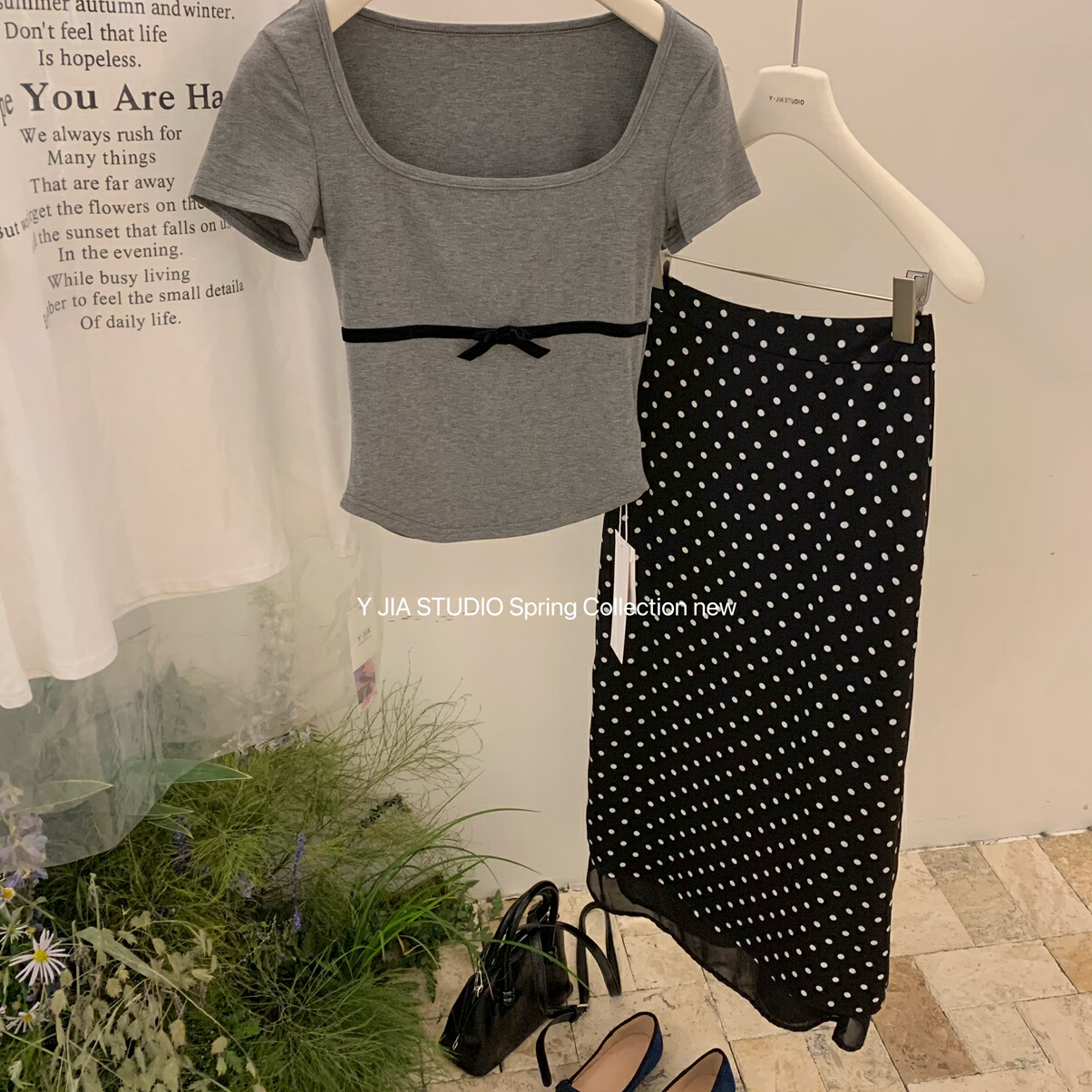 2025新款撞色丝绒蝴蝶结正肩短款短袖T恤  8866-5#  LKZ