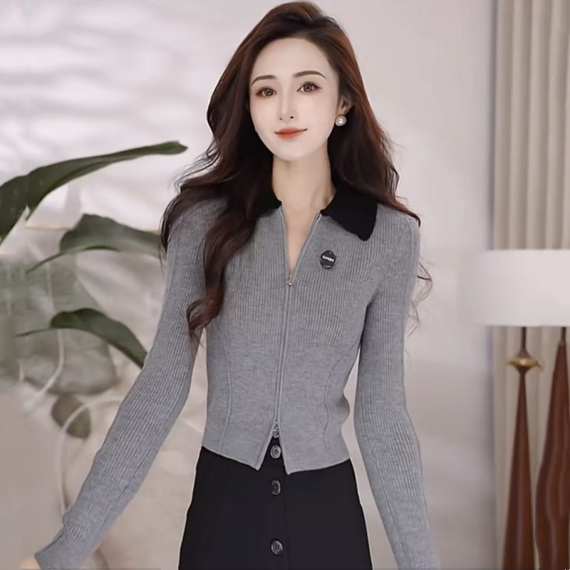 【二折商品】新款气质简约POLO领修身拉链长袖针织开衫女士548060