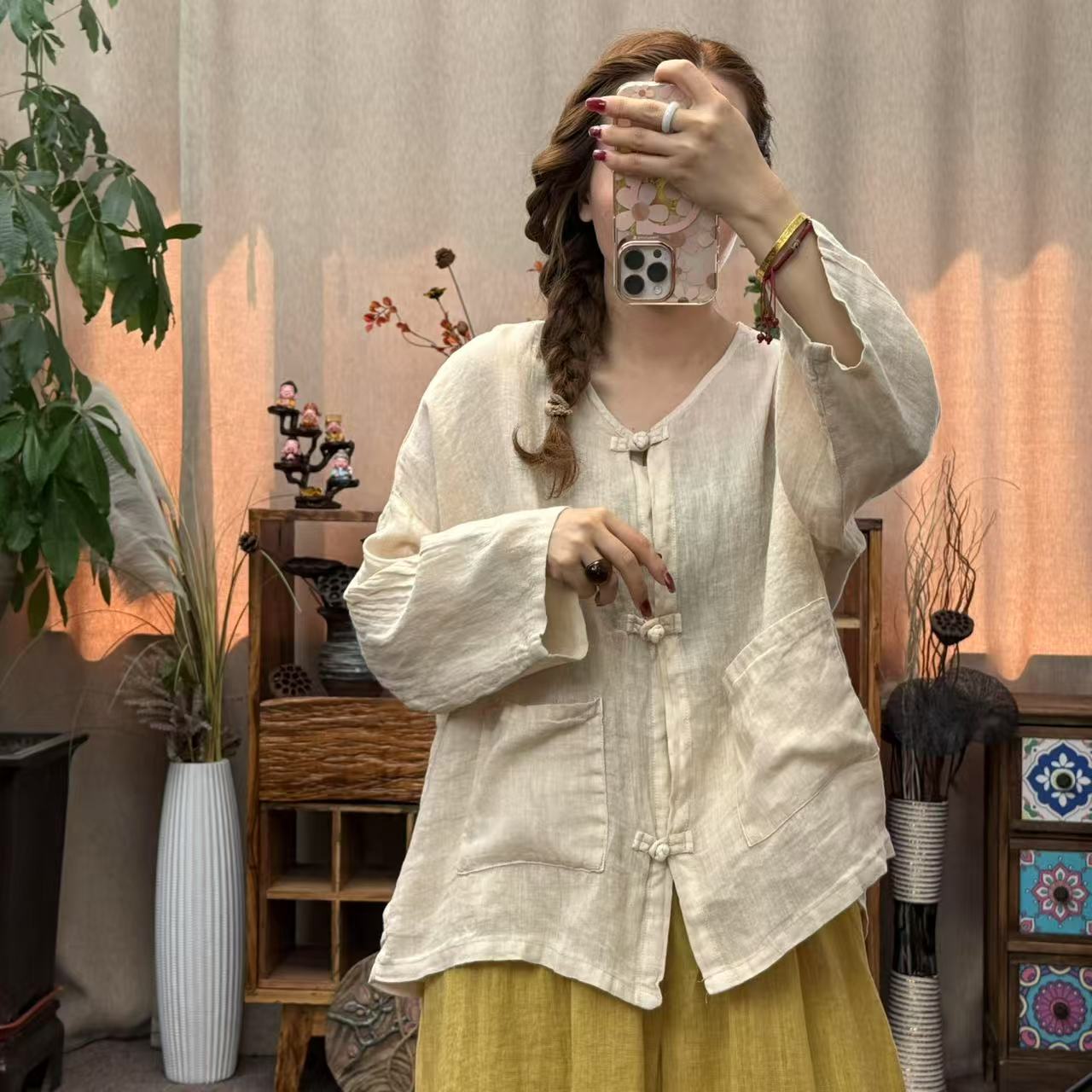 花璟与麻原创设计复古做旧盘扣口袋上衣（衣长60胸围135）