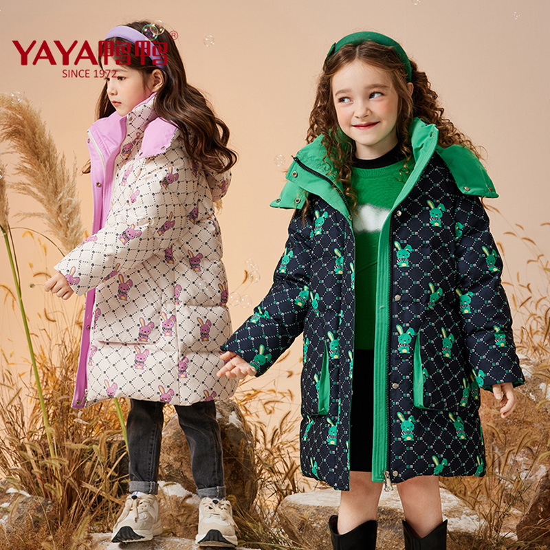 YAYA/鸭鸭儿童羽绒服女童中长款印花小兔子韩版大童冬装童装外套