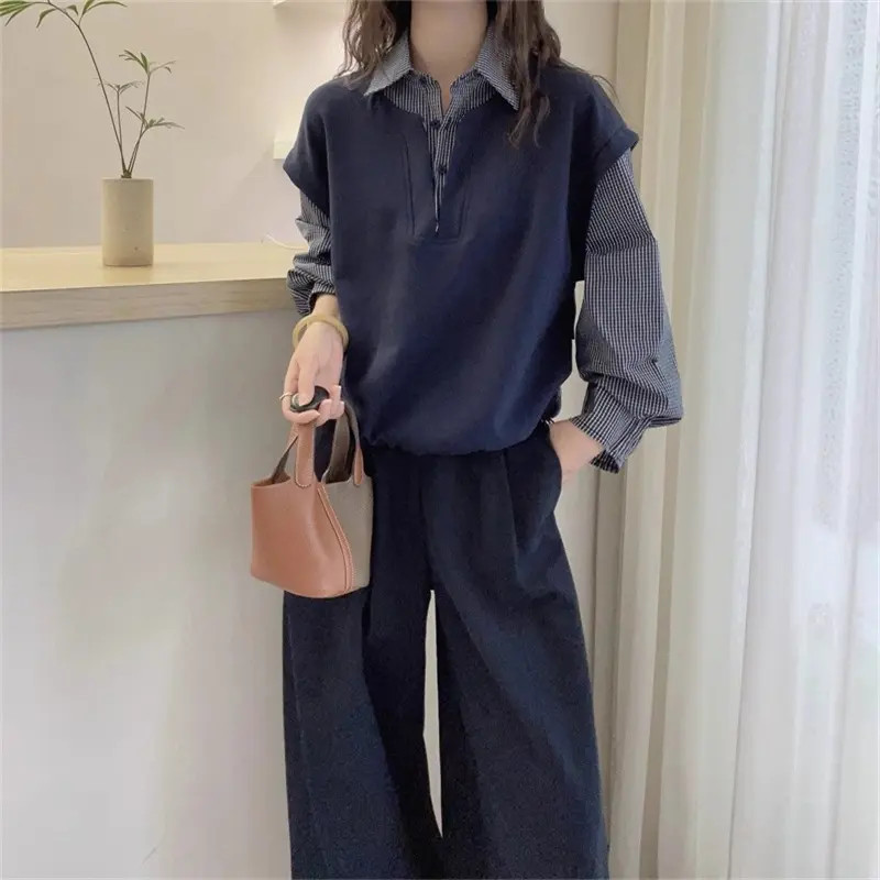 E572+E577韩系松弛感假两件复古格子衬衫百搭休闲裤两件套装女