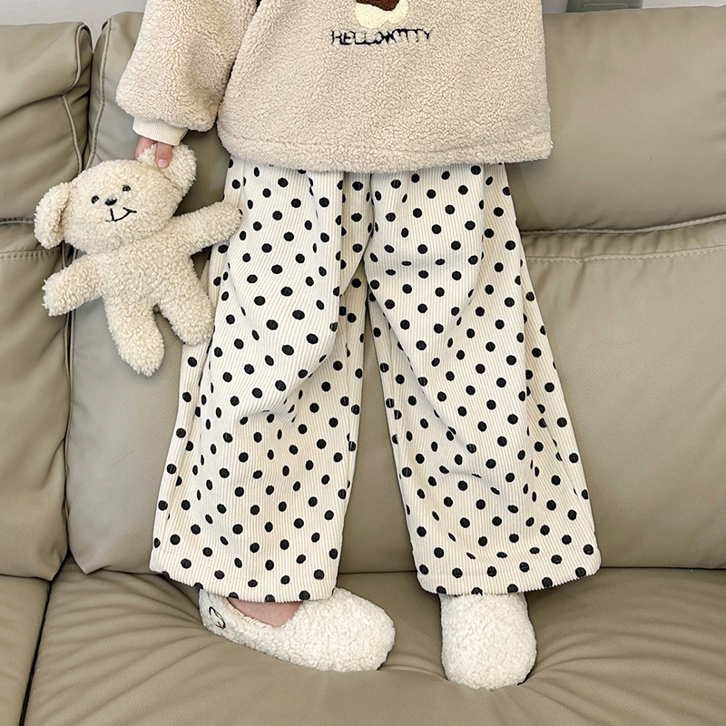 女童加绒裤子秋冬装2025新款儿童加绒直筒裤宝宝冬季休闲波点裤