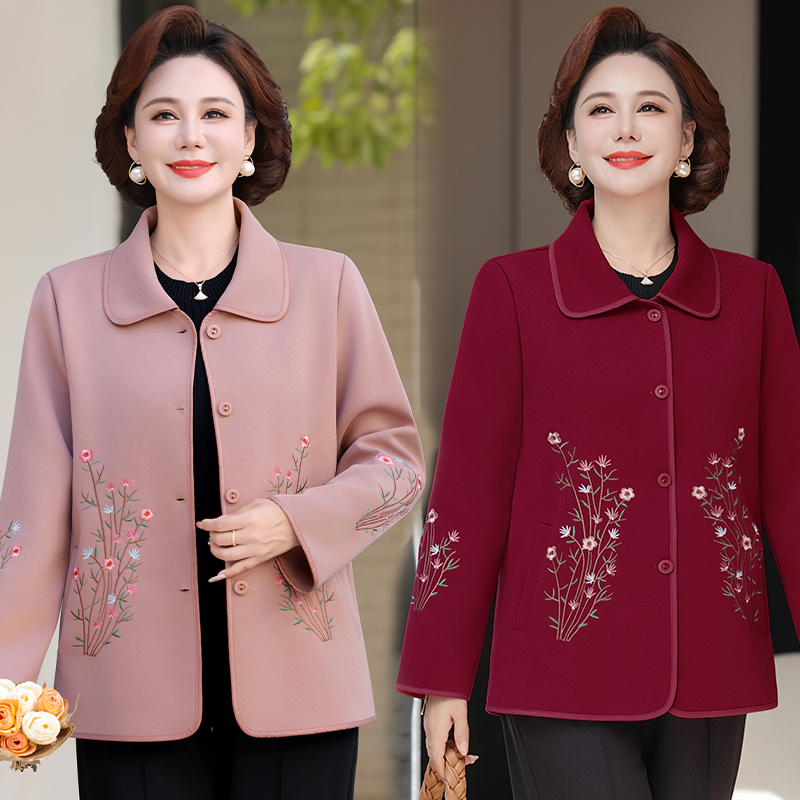 妈妈秋装外套宽松大码中老年女春秋季呢子翻领短款毛呢上衣新中式