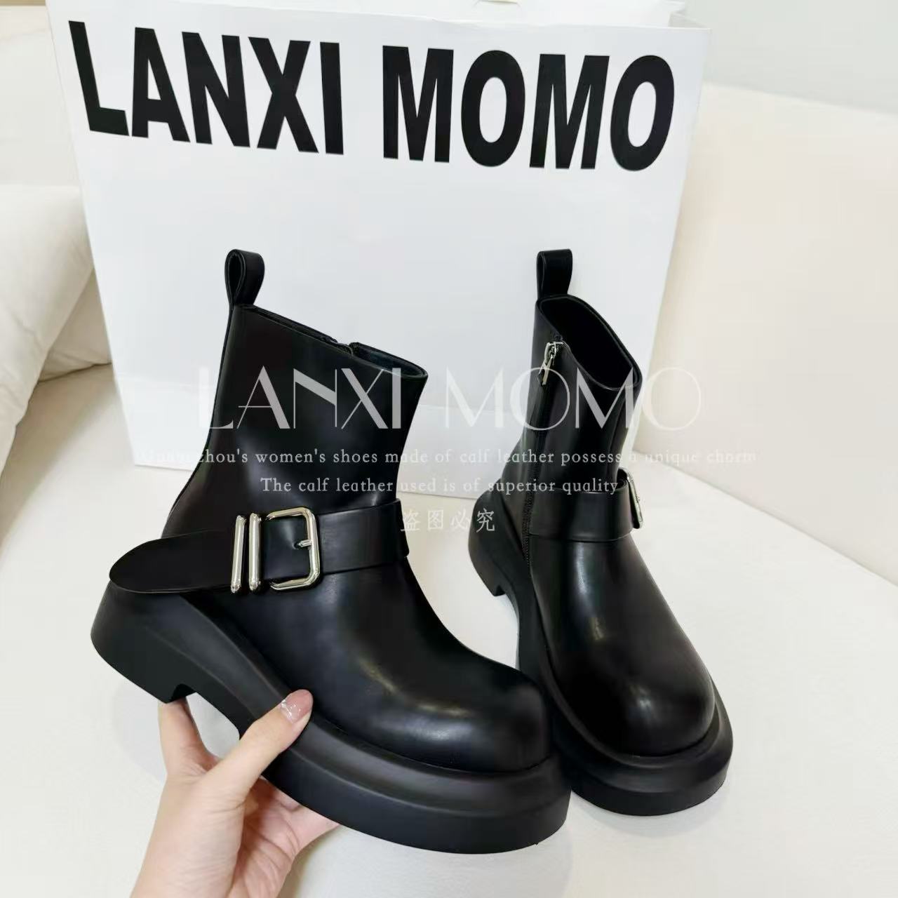  【LANXIMOMO】时尚百搭黑色厚底英伦风秋冬圆头短靴25XZ777LX