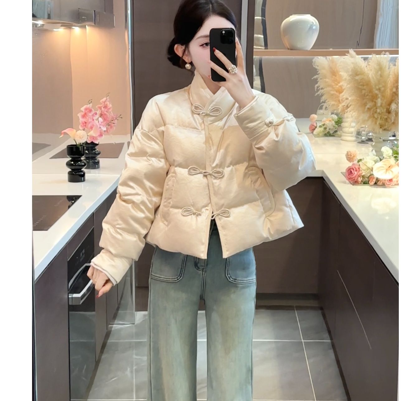 【周粥】【平安】冬季新款抓花仿皮缎羽绒服JJD4YRF8609