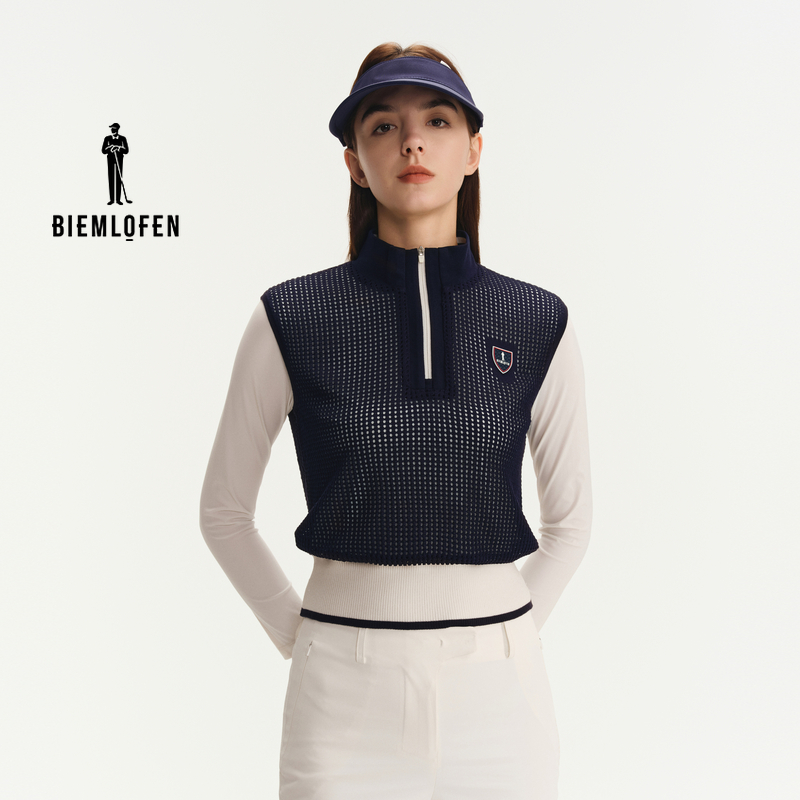 【冰影丝】比音勒芬高尔夫2026春新女防晒镂空撞色假两件长袖毛衫