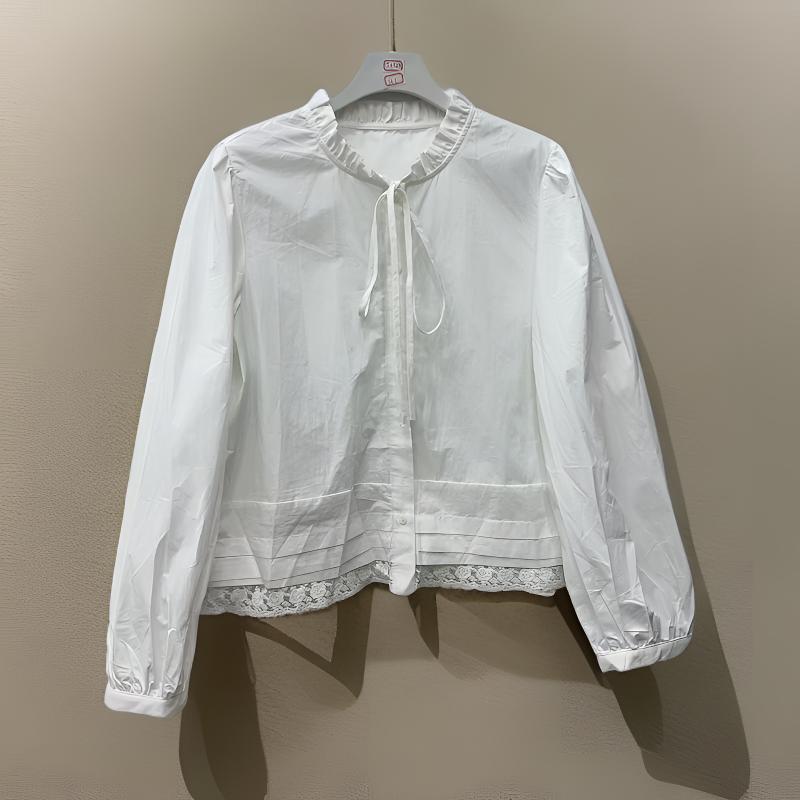 5285#【衣长56】春秋季蝴蝶结系带泡泡袖蕾丝拼接宽松显瘦衬衫